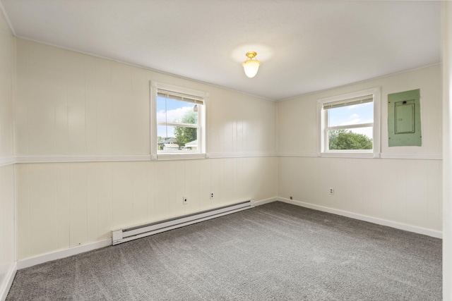 spare room featuring a healthy amount of sunlight, electric panel, baseboard heating, and carpet flooring