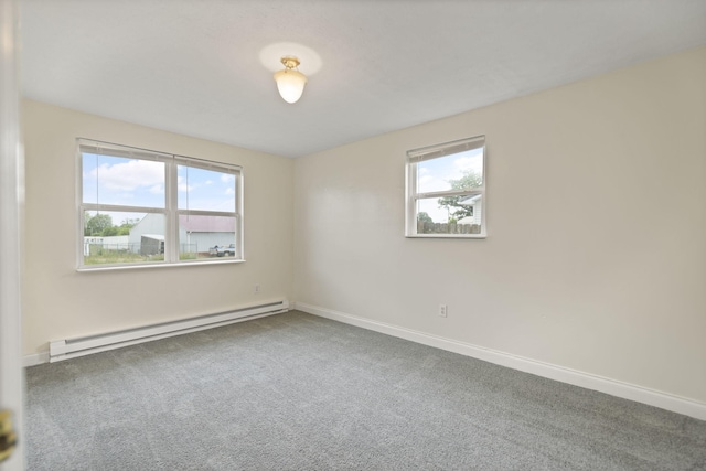 empty room with a healthy amount of sunlight, baseboards, carpet floors, and baseboard heating