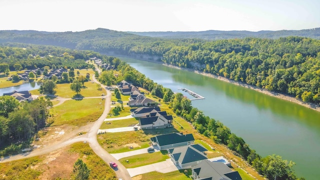 drone / aerial view featuring a water view, a residential view, and a view of trees