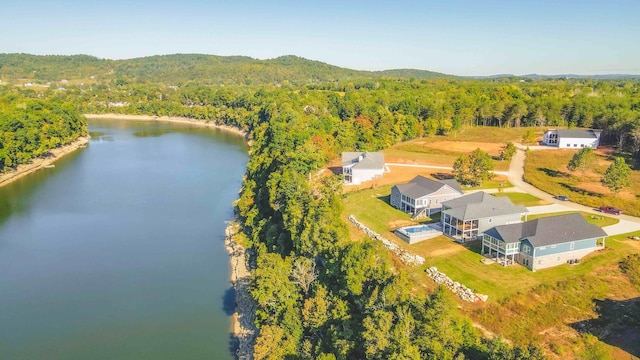 drone / aerial view featuring a forest view and a water view