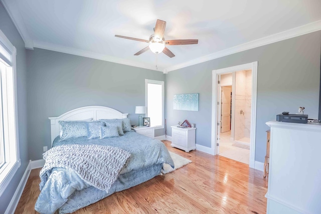 bedroom with baseboards, ceiling fan, wood finished floors, and crown molding