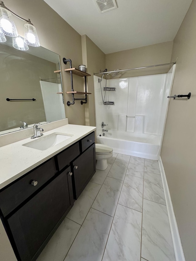 full bath featuring vanity, shower / washtub combination, toilet, visible vents, and marble finish floor