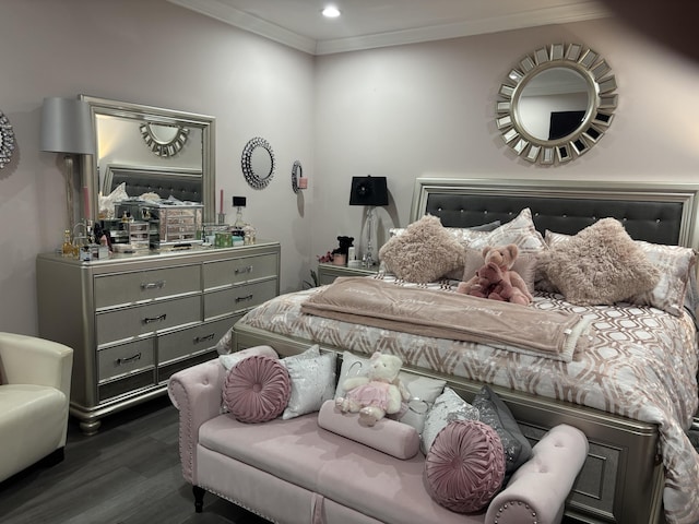 bedroom featuring ornamental molding, dark wood-type flooring, and recessed lighting