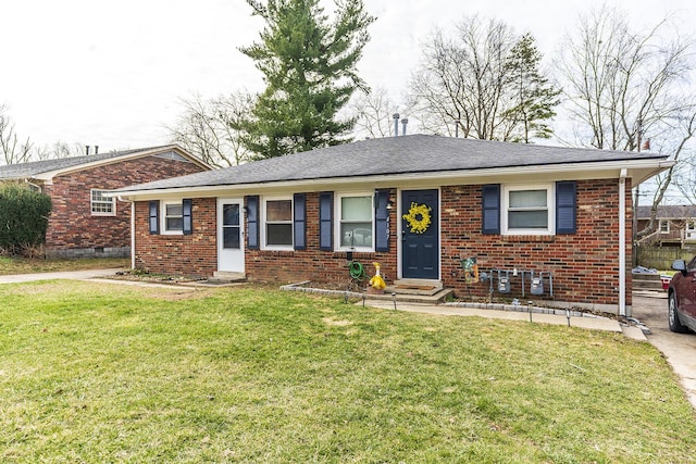 single story home with brick siding, roof with shingles, entry steps, crawl space, and a front lawn