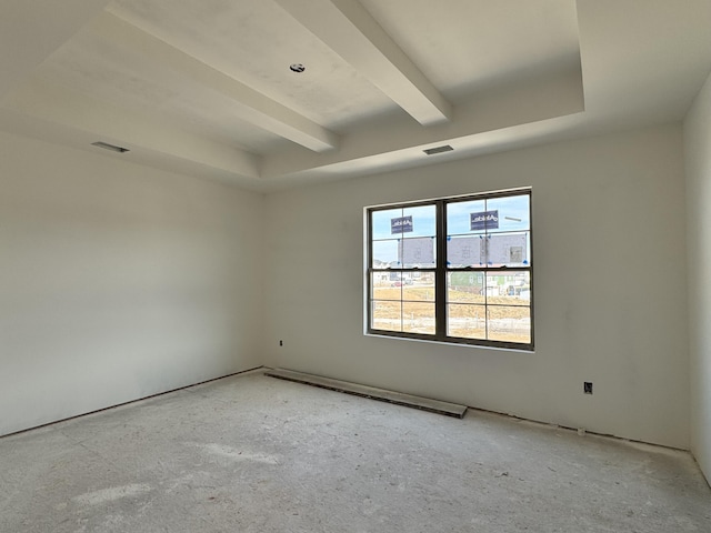 unfurnished room featuring visible vents and beamed ceiling