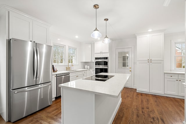 kitchen featuring stainless steel appliances, a wealth of natural light, a sink, and white cabinetry