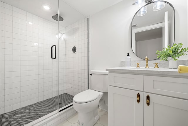 bathroom with tile patterned flooring, toilet, visible vents, vanity, and a stall shower