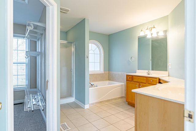 bathroom with plenty of natural light, a shower stall, and vanity