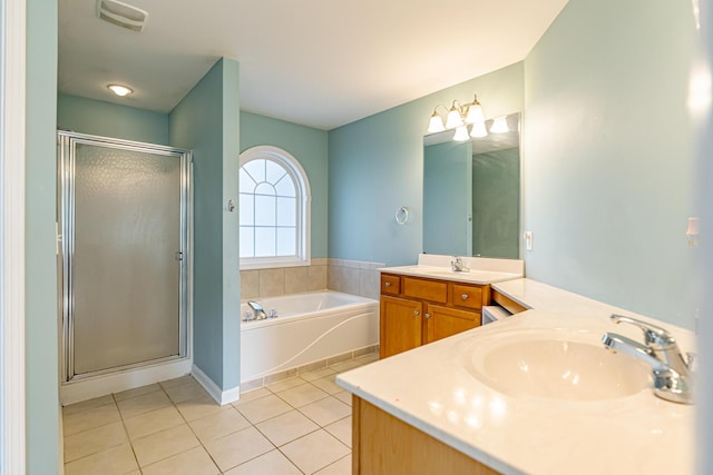 full bathroom featuring tile patterned flooring, vanity, a bath, and a shower stall