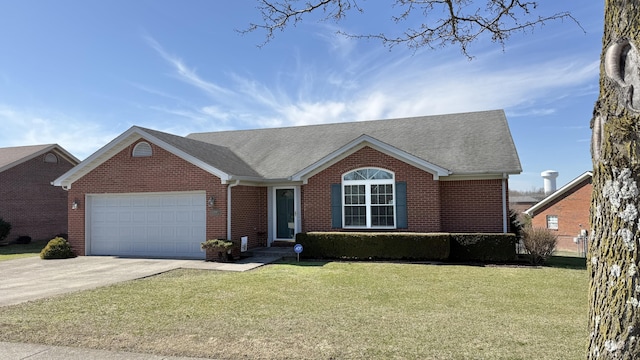 ranch-style home with an attached garage, a front yard, concrete driveway, and brick siding