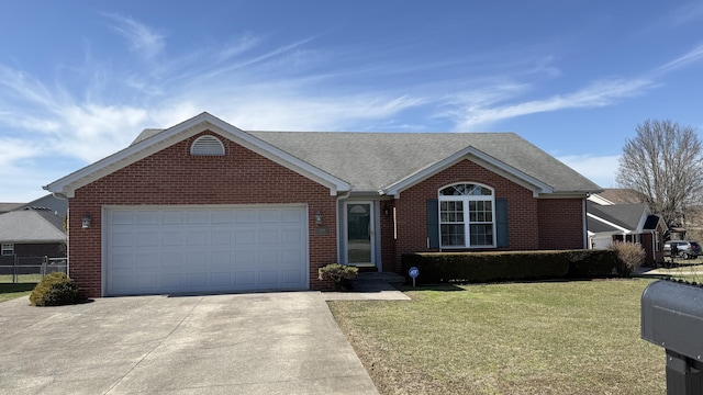 single story home with a garage, brick siding, a shingled roof, driveway, and a front yard