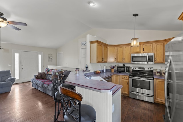 136 Country Ln, Lancaster, KY 40444 - kitchen featuring appliances with stainless steel finishes, vaulted ceiling, a peninsula, open floor plan, and a ceiling fan