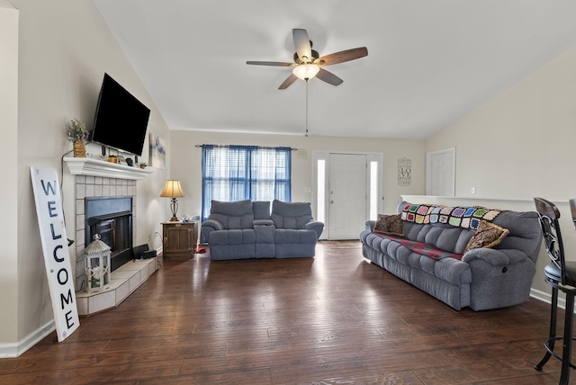 136 Country Ln, Lancaster, KY 40444 - living room featuring vaulted ceiling, a ceiling fan, hardwood / wood-style flooring, and a fireplace