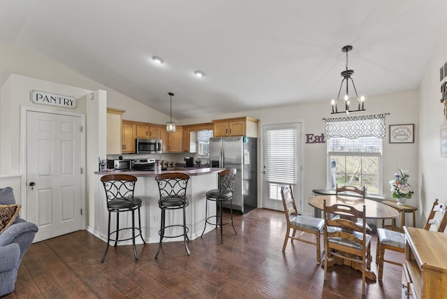 136 Country Ln, Lancaster, KY 40444 - kitchen with stainless steel appliances, a peninsula, vaulted ceiling, dark wood finished floors, and a chandelier