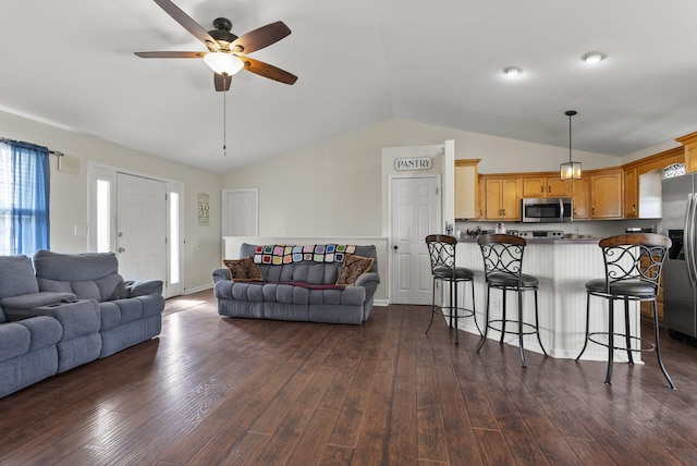 136 Country Ln, Lancaster, KY 40444 - living room featuring lofted ceiling, ceiling fan, and dark wood-type flooring