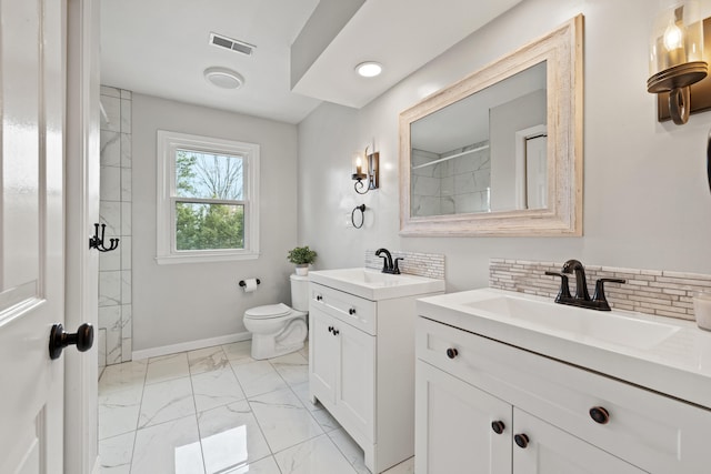 full bath featuring walk in shower, visible vents, marble finish floor, and a sink