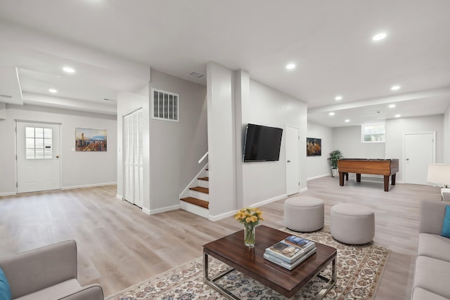 living room featuring billiards, recessed lighting, visible vents, and light wood finished floors