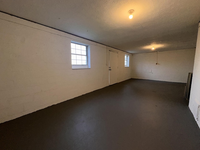 below grade area with concrete block wall and a textured ceiling