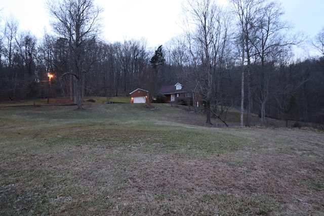 view of yard featuring driveway, a forest view, and an outdoor structure