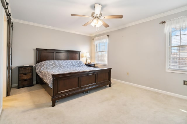 bedroom with multiple windows, baseboards, and ornamental molding