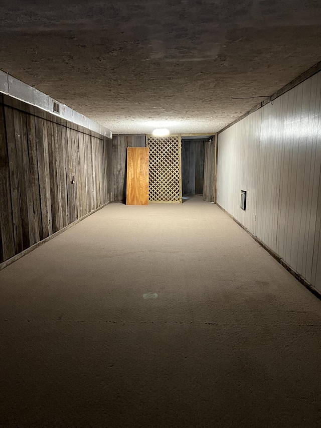 finished below grade area featuring wood walls and light colored carpet