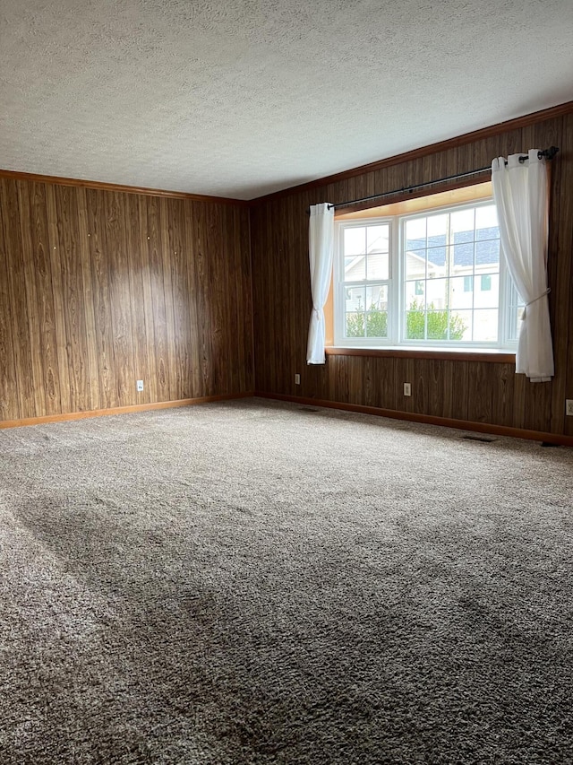 empty room featuring wood walls, carpet, baseboards, and a textured ceiling