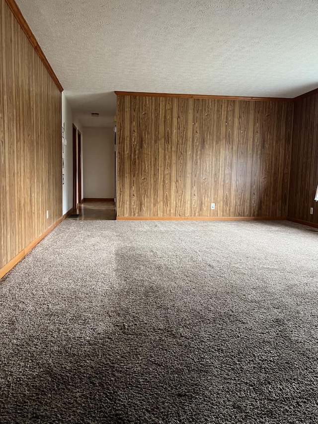 unfurnished room featuring a textured ceiling, wood walls, carpet, and baseboards