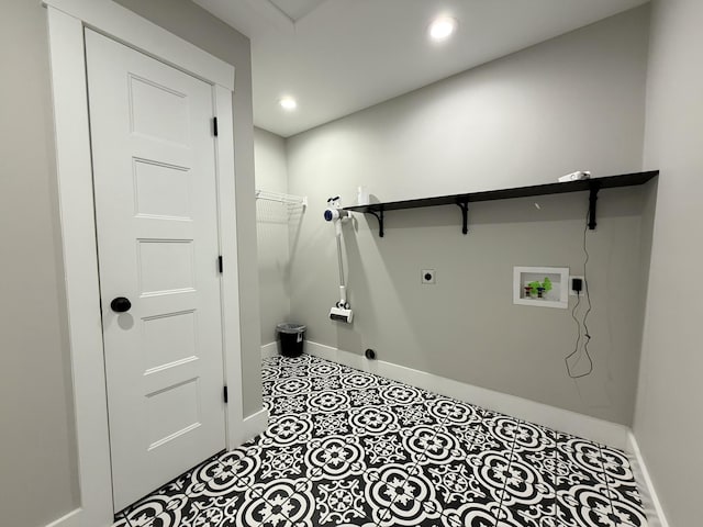 laundry room featuring hookup for a washing machine, recessed lighting, laundry area, baseboards, and electric dryer hookup