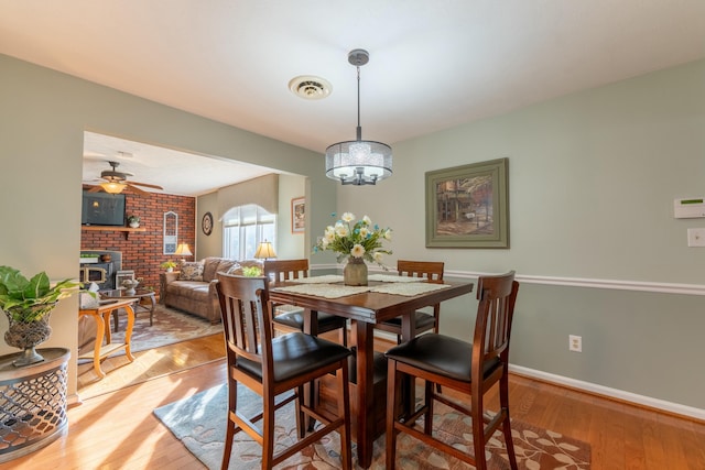 dining room with visible vents, baseboards, a ceiling fan, a wood stove, and light wood-type flooring