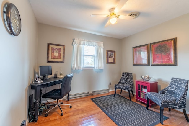 home office with light wood finished floors, ceiling fan, baseboards, and baseboard heating