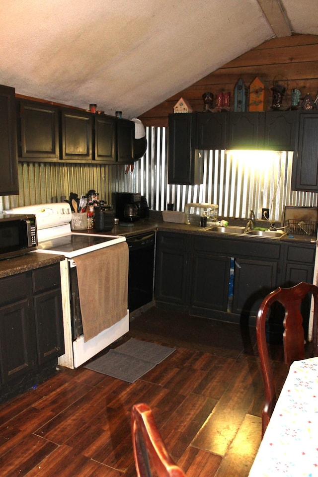 kitchen with dark wood-style floors, white range with electric stovetop, stainless steel microwave, a sink, and dishwasher