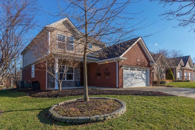 traditional-style home featuring an attached garage, covered porch, a front yard, and brick siding