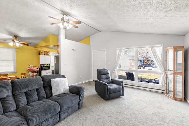 carpeted living room featuring lofted ceiling, a textured ceiling, a ceiling fan, and baseboards