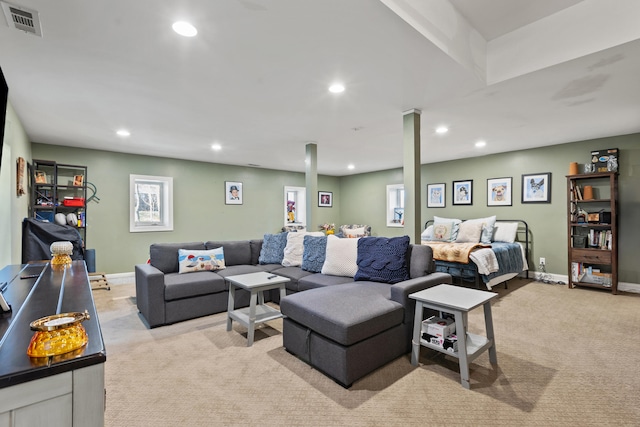 living room with light carpet, baseboards, visible vents, and recessed lighting