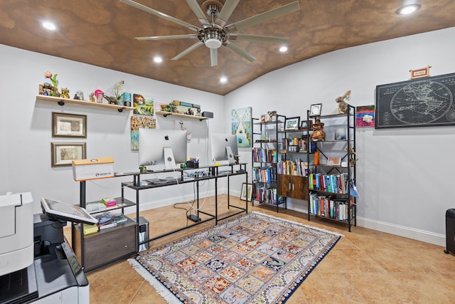 home office with light tile patterned floors, recessed lighting, lofted ceiling, a ceiling fan, and baseboards