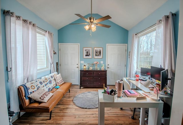 office featuring vaulted ceiling, plenty of natural light, wood finished floors, and a ceiling fan