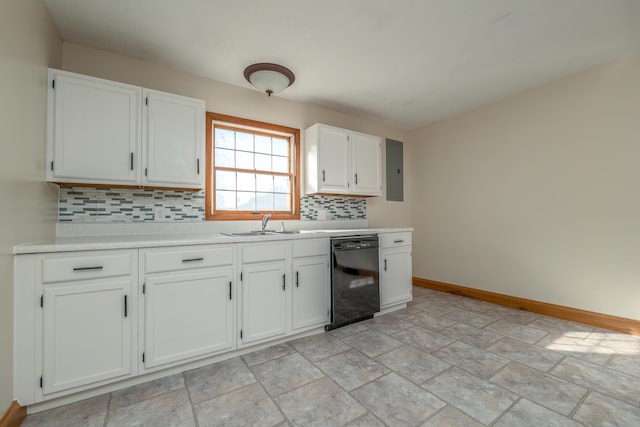 kitchen with white cabinets, black dishwasher, baseboards, and decorative backsplash