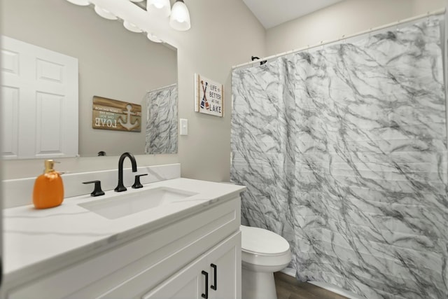 full bathroom featuring toilet, curtained shower, wood finished floors, and vanity