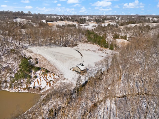 snowy aerial view with a water view