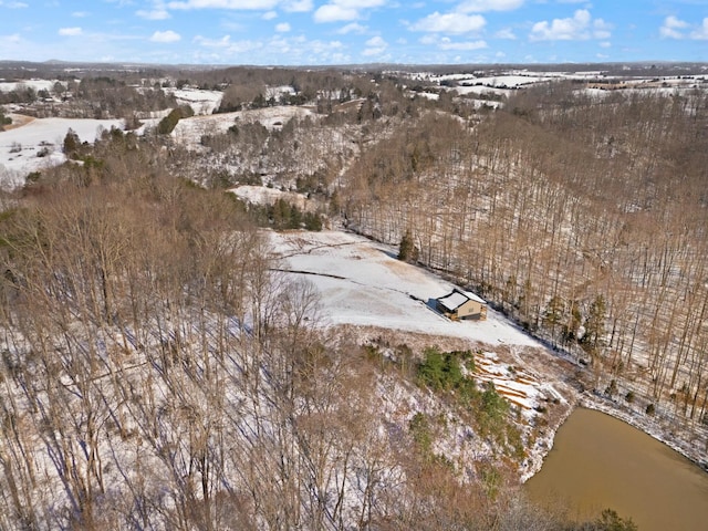 snowy aerial view with a water view