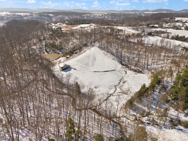 snowy aerial view with a mountain view