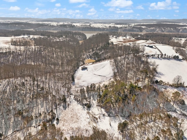 snowy aerial view with a mountain view