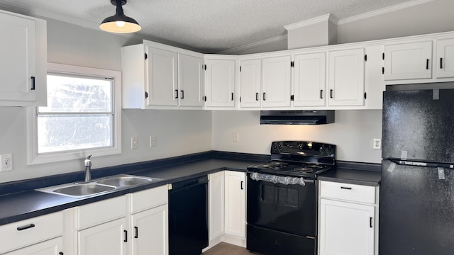 kitchen with dark countertops, white cabinetry, a sink, under cabinet range hood, and black appliances