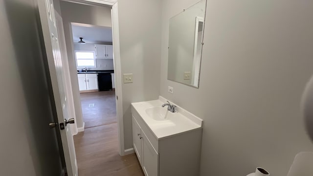 half bath featuring wood finished floors and vanity