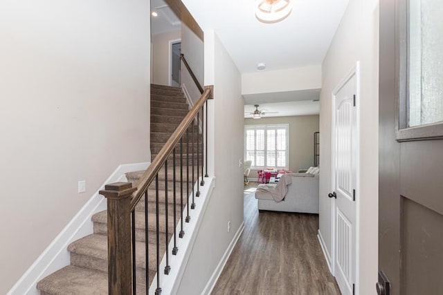 stairway with a ceiling fan, baseboards, and wood finished floors