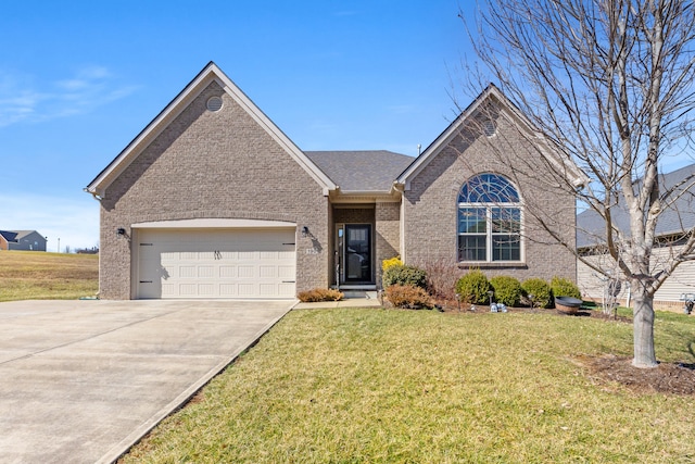 ranch-style house featuring a front lawn, concrete driveway, brick siding, and an attached garage