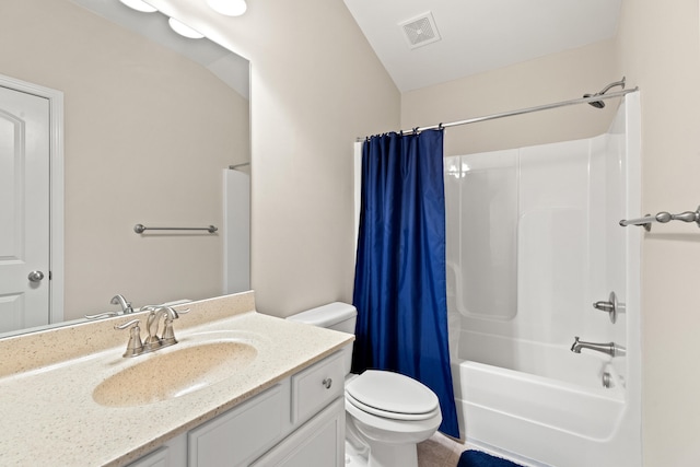 bathroom with visible vents, shower / tub combo with curtain, vanity, and toilet