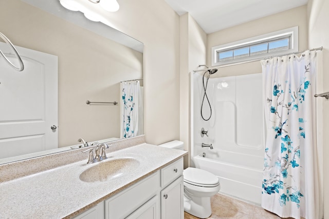 bathroom featuring tile patterned flooring, vanity, toilet, and shower / bath combo with shower curtain