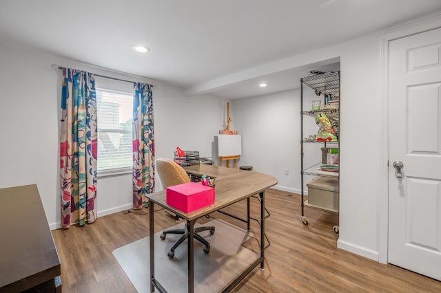 office area featuring recessed lighting, baseboards, and wood finished floors