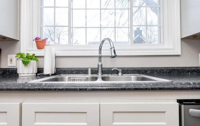 interior details featuring white cabinets and a sink